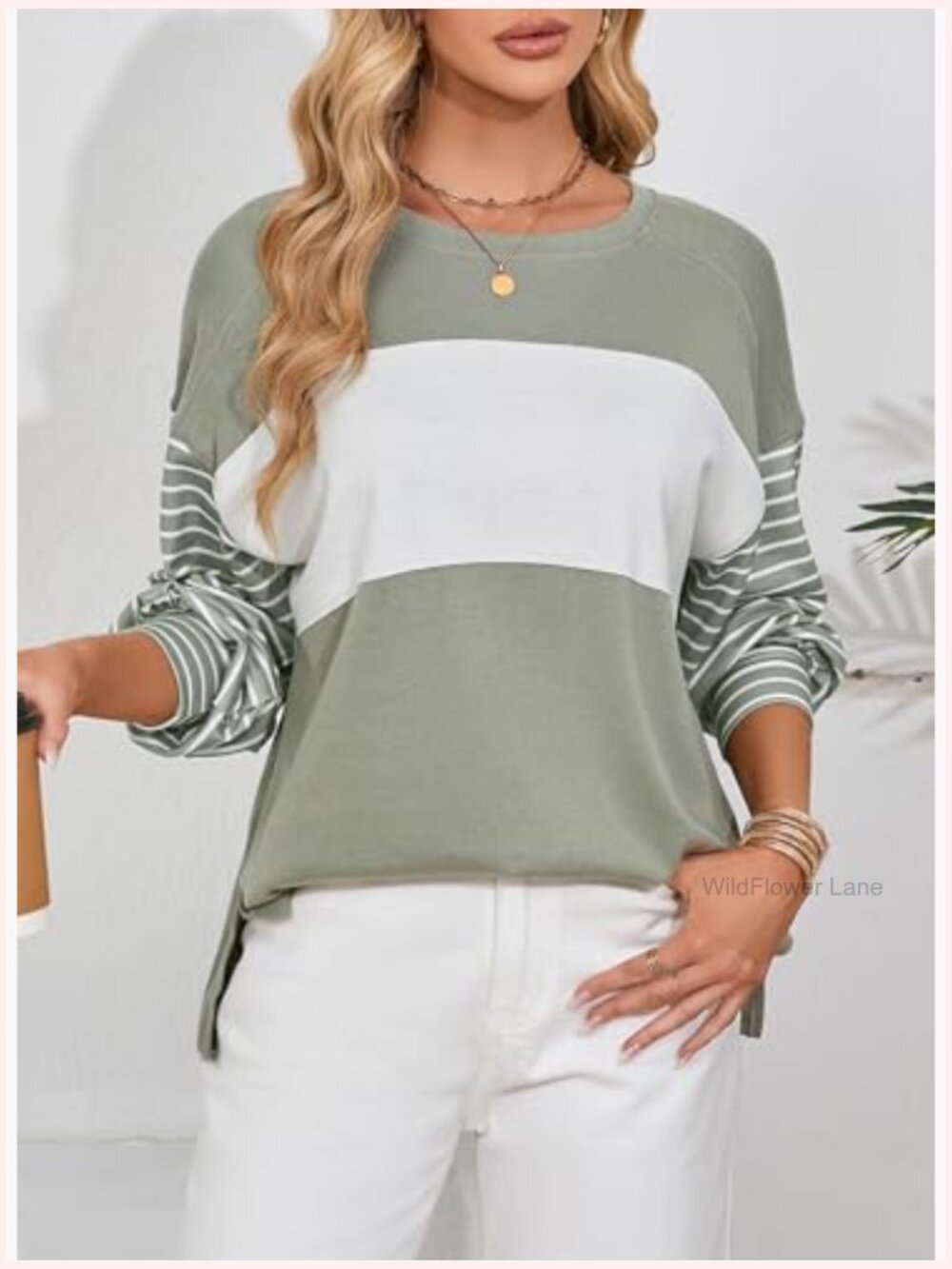 Oversized Color Block Crew Neck Long Sleeve Blouse Tunic Top - Picture 3 of 7